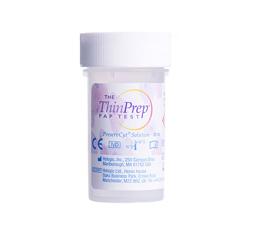 Viales de toma de muestras ThinPrep® PreservCyt de Hologic sobre fondo blanco