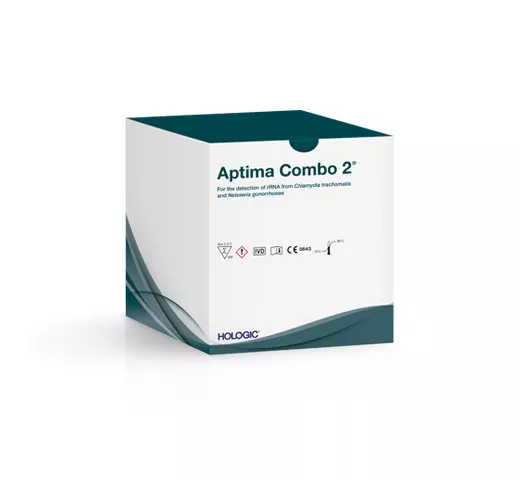 Imagen de la caja de un ensayo Aptima Combo 2® (para CT/NG) sobre fondo blanco