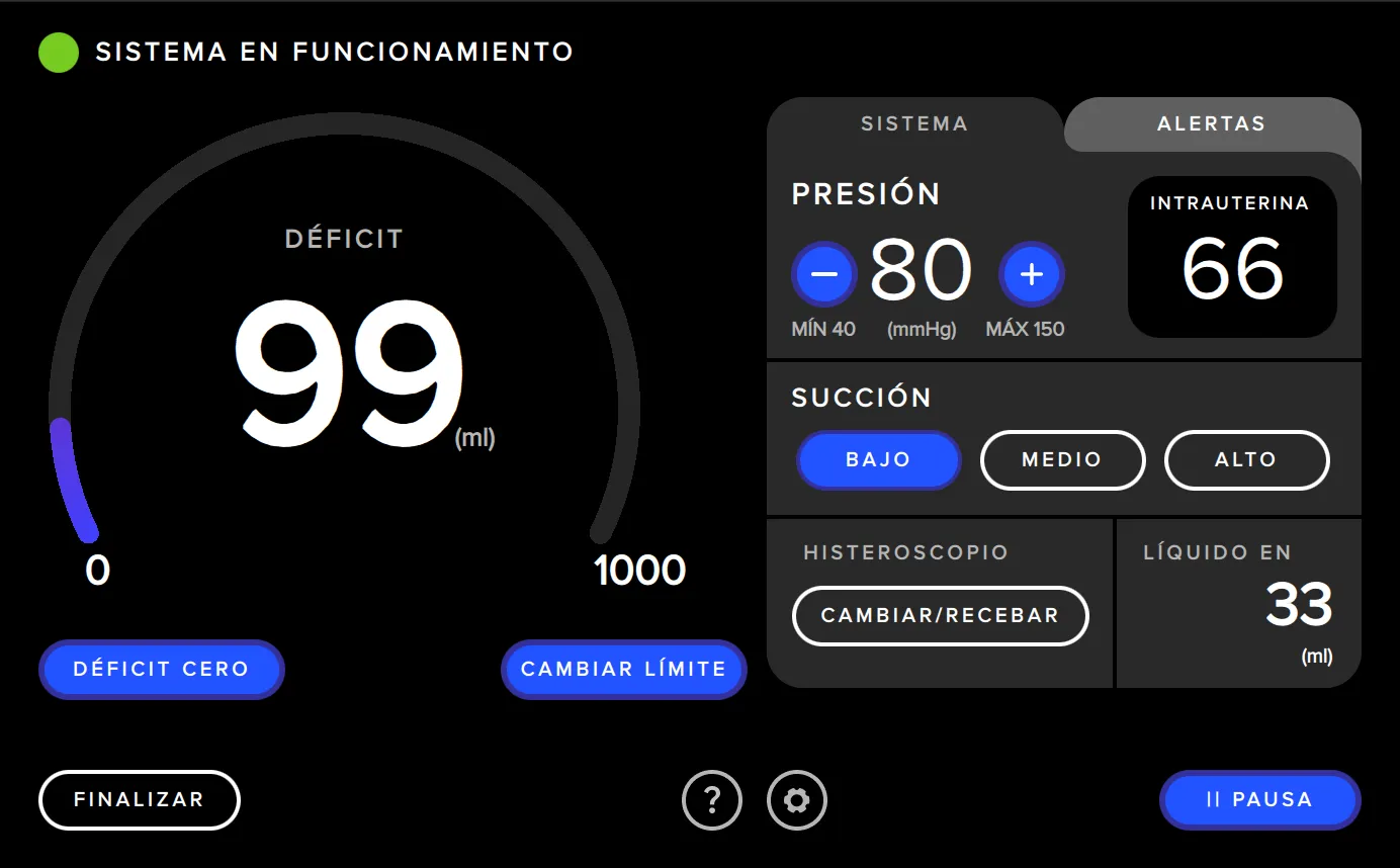 La pantalla de la interfaz de usuario del sistema de gestión de fluidos Fluent Pro que muestra el control de succión.
