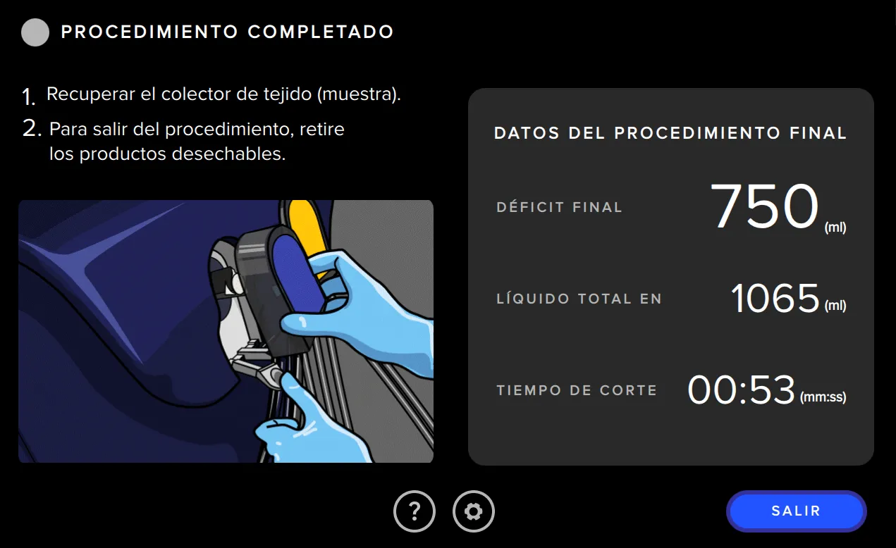  Pantalla de la interfaz de usuario del sistema de gestión de fluidos Fluent Pro que muestra el resumen del procedimiento.