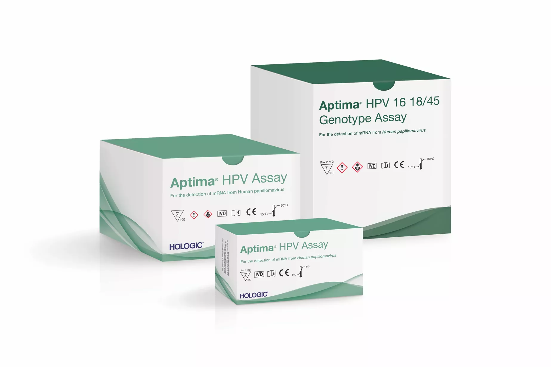 Cajas del ensayo Aptima HPV sobre fondo blanco