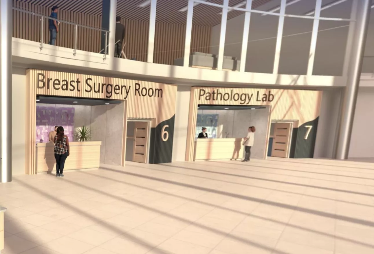Pacientes preguntando en la sala de cirugía mamaria y el laboratorio de anatomía patológica acerca de los servicios de detección y diagnóstico del hospital