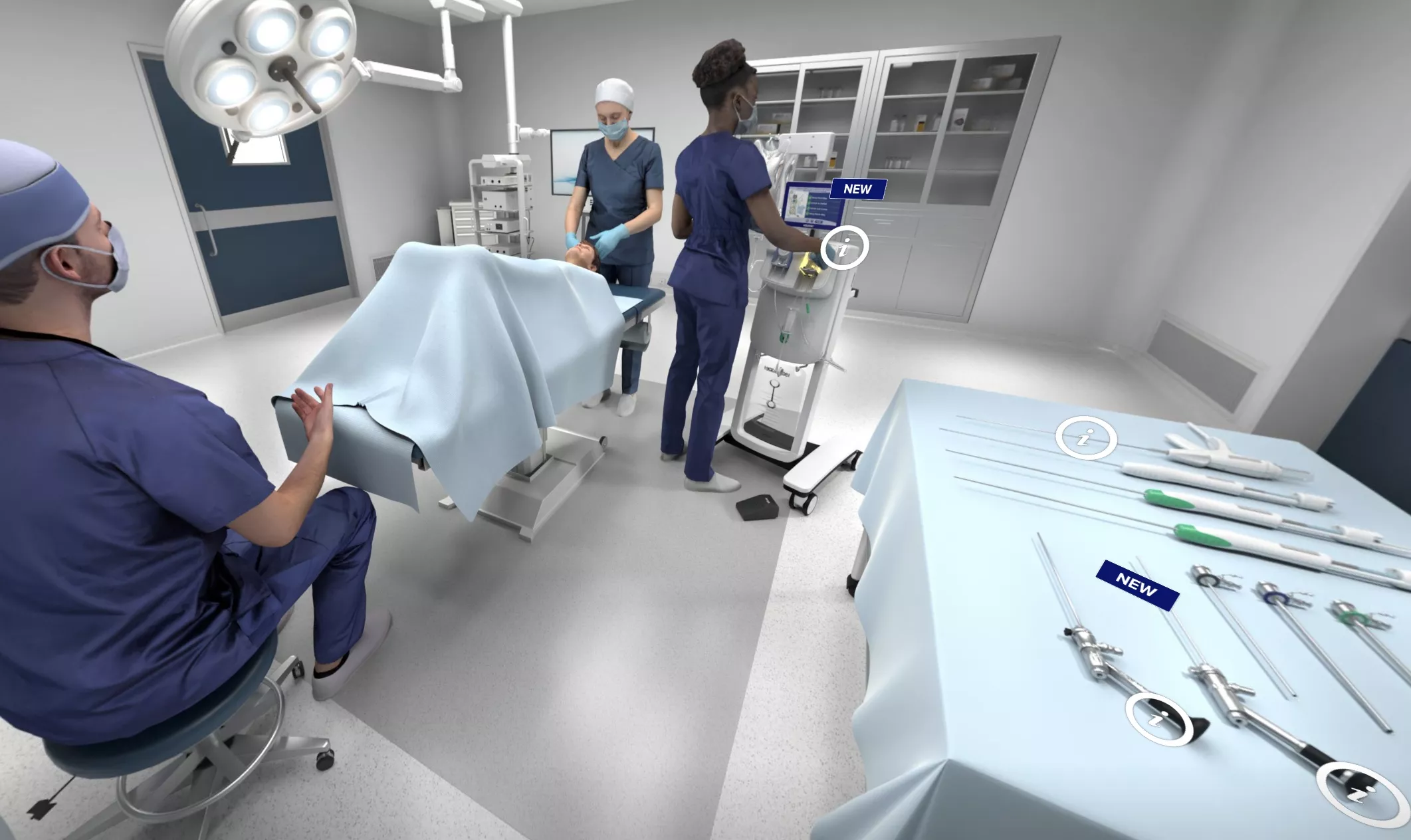 Imagen de un quirófano virtual con cirujanos y un paciente