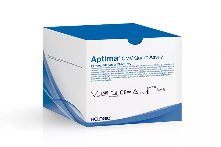 Imagen de la caja del ensayo Aptima® CMV Quant sobre fondo blanco